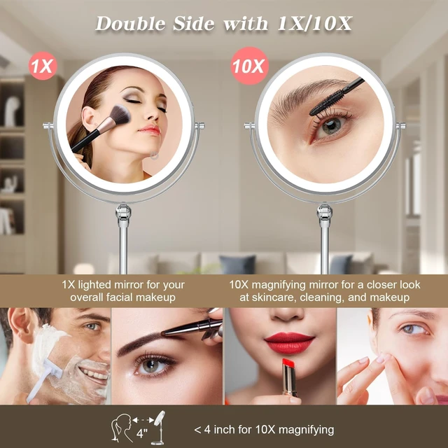 Alt view image 7 of 7 - Tabletop Makeup Mirror with Built-in Vanity Tray, 9" Rechargeable 4000mAh Lighted Vanity Mirror 1X/10X Magnification, Height-Adjustable Arm, 3 Color Dimmable (9Inch Chrome)