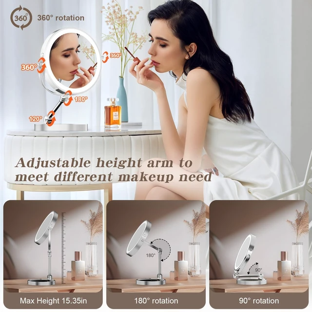 Alt view image 6 of 7 - Tabletop Makeup Mirror with Built-in Vanity Tray, 9" Rechargeable 4000mAh Lighted Vanity Mirror 1X/10X Magnification, Height-Adjustable Arm, 3 Color Dimmable (9Inch Chrome)