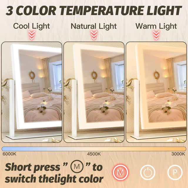 Alt view image 2 of 7 - Vanity Mirror with Lights 13'' x 17'' Makeup Mirror with Lights,Vanity Mirror Touch Screen with 3-Color Lighting,Dimmable,for Vanity Desk Bedroom White