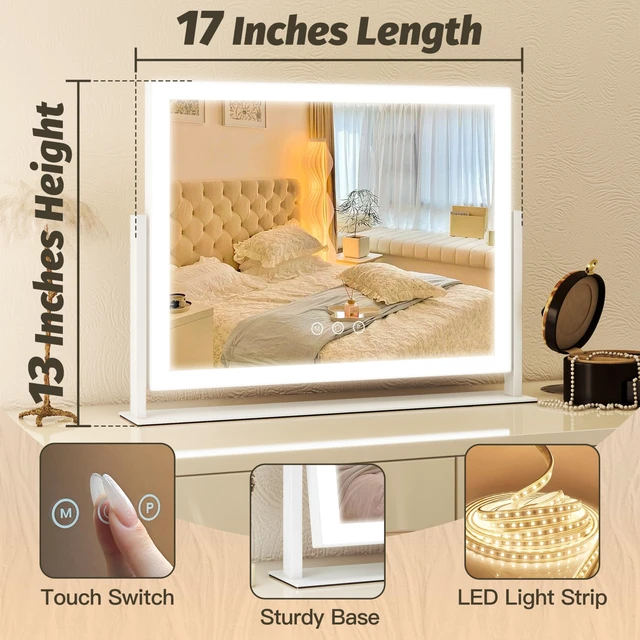 Alt view image 7 of 7 - Vanity Mirror with Lights 13'' x 17'' Makeup Mirror with Lights,Vanity Mirror Touch Screen with 3-Color Lighting,Dimmable,for Vanity Desk Bedroom White