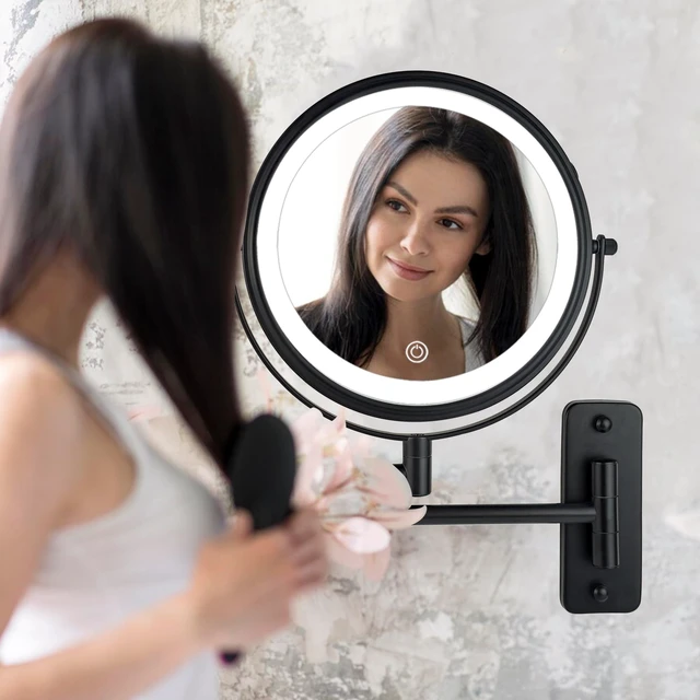 Alt view image 2 of 7 - 8" Wall Mounted Lighted Makeup Mirror,Rechargeable Double Sided 1X/10X Magnifying Mirror with 3 Color Lights,Touch Dimmable Bathroom Vanity Mirror with 360°Swivel Extendable Arm Matte Black