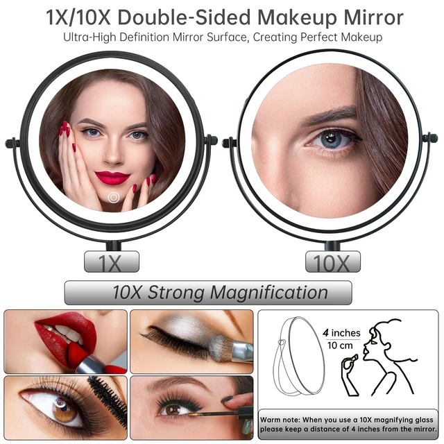 Alt view image 4 of 7 - 8" Wall Mounted Lighted Makeup Mirror,Rechargeable Double Sided 1X/10X Magnifying Mirror with 3 Color Lights,Touch Dimmable Bathroom Vanity Mirror with 360°Swivel Extendable Arm Matte Black