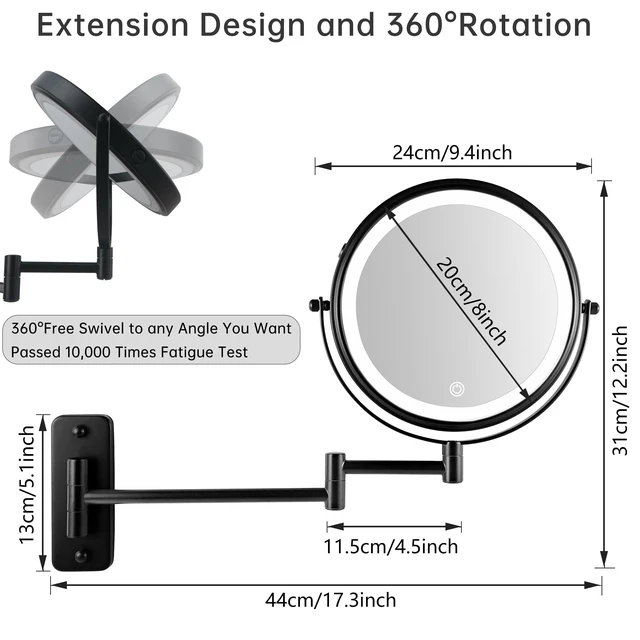 Alt view image 3 of 7 - 8" Wall Mounted Lighted Makeup Mirror,Rechargeable Double Sided 1X/10X Magnifying Mirror with 3 Color Lights,Touch Dimmable Bathroom Vanity Mirror with 360°Swivel Extendable Arm Matte Black