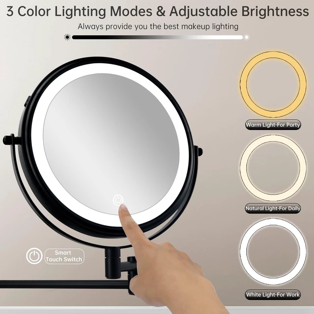 Alt view image 5 of 7 - 8" Wall Mounted Lighted Makeup Mirror,Rechargeable Double Sided 1X/10X Magnifying Mirror with 3 Color Lights,Touch Dimmable Bathroom Vanity Mirror with 360°Swivel Extendable Arm Matte Black