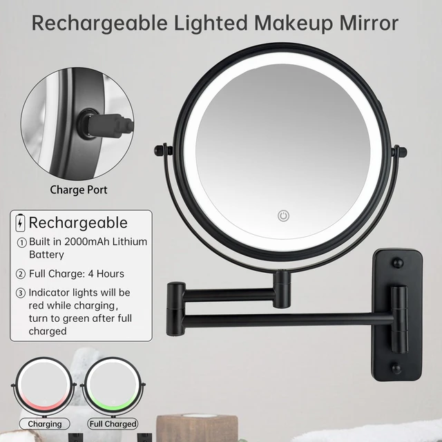 Alt view image 6 of 7 - 8" Wall Mounted Lighted Makeup Mirror,Rechargeable Double Sided 1X/10X Magnifying Mirror with 3 Color Lights,Touch Dimmable Bathroom Vanity Mirror with 360°Swivel Extendable Arm Matte Black