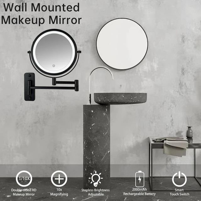 Alt view image 7 of 7 - 8" Wall Mounted Lighted Makeup Mirror,Rechargeable Double Sided 1X/10X Magnifying Mirror with 3 Color Lights,Touch Dimmable Bathroom Vanity Mirror with 360°Swivel Extendable Arm Matte Black