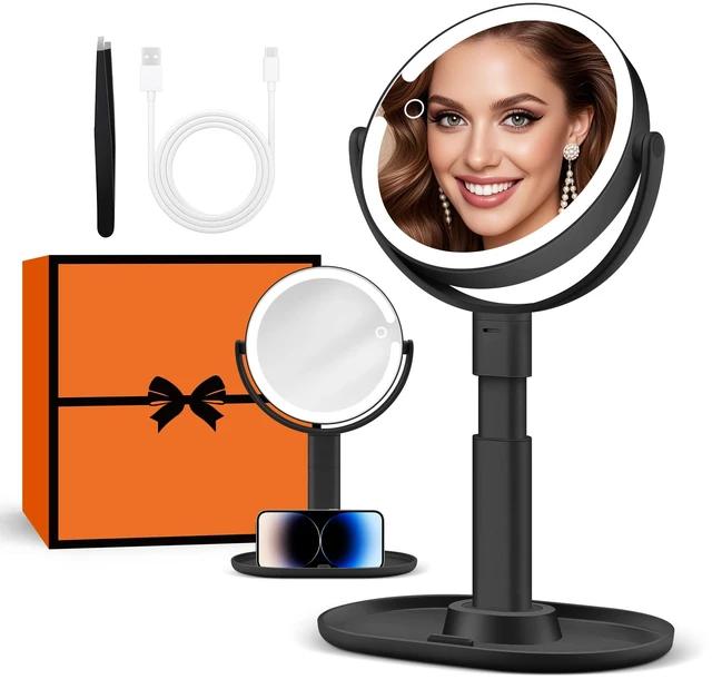 Main image of Makeup Mirror, Double-Sided Lighted Magnifying Mirror 30X | Digital Battery Display, Height Adjustable, Tri-Color Dimming, Vanity Desk Mirror for Bedroom Dorm, Gifts for Women 3000mAh
