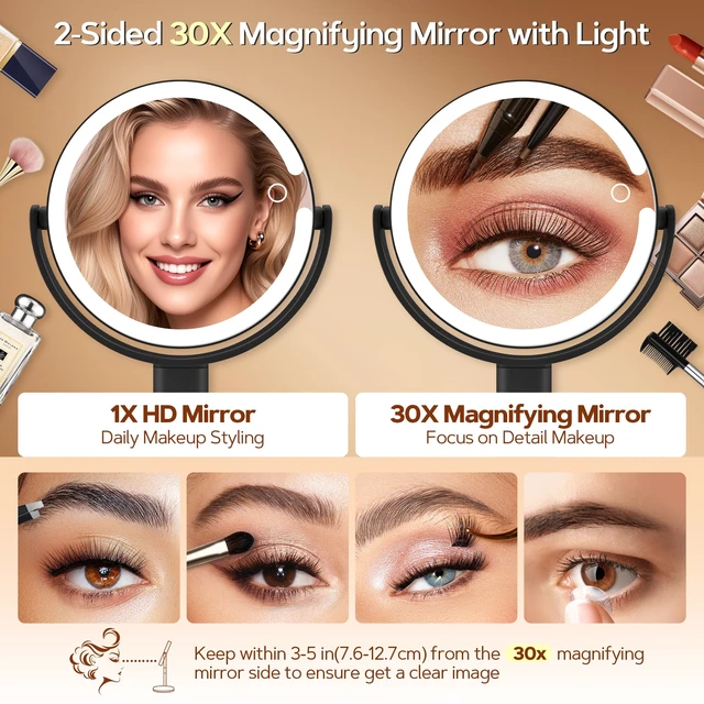 Alt view image 3 of 7 - Makeup Mirror, Double-Sided Lighted Magnifying Mirror 30X | Digital Battery Display, Height Adjustable, Tri-Color Dimming, Vanity Desk Mirror for Bedroom Dorm, Gifts for Women 3000mAh