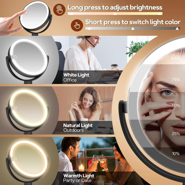 Alt view image 2 of 7 - Makeup Mirror, Double-Sided Lighted Magnifying Mirror 30X | Digital Battery Display, Height Adjustable, Tri-Color Dimming, Vanity Desk Mirror for Bedroom Dorm, Gifts for Women 3000mAh
