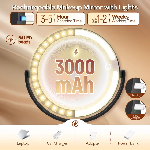 Alt view image 5 of 7 - Makeup Mirror, Double-Sided Lighted Magnifying Mirror 30X | Digital Battery Display, Height Adjustable, Tri-Color Dimming, Vanity Desk Mirror for Bedroom Dorm, Gifts for Women 3000mAh