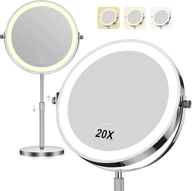 Main image of Makeup Mirror, 1X/20X Rechargeable Vanity Mirror with Lights | Double-Sided, 5000mAh, 3 Color Dimmable Brightness, Magnification, 360° Rotation, for Dorm, Room Essentials, Women Gift