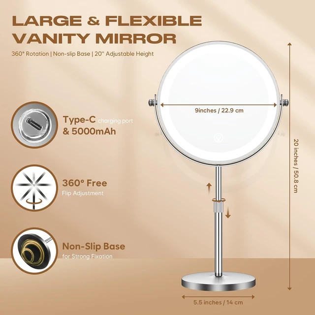 Alt view image 6 of 7 - Makeup Mirror, 1X/20X Rechargeable Vanity Mirror with Lights | Double-Sided, 5000mAh, 3 Color Dimmable Brightness, Magnification, 360° Rotation, for Dorm, Room Essentials, Women Gift