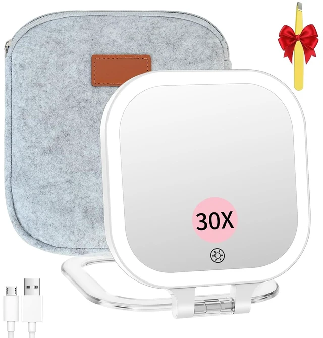 Main image of 7" Rechargeable Travel Makeup Mirror 30X Magnification (Felt) | Lighted Portable Vanity Mirror with 3 Colors Lighting & Stepless Dimming, Double Sided LED Mirror, Gift for Women