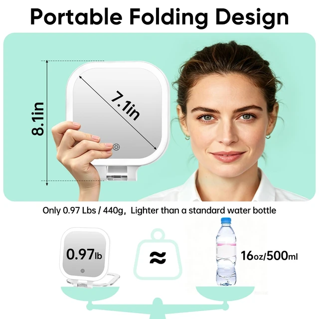 Alt view image 2 of 7 - 7" Rechargeable Travel Makeup Mirror 30X Magnification (Felt) | Lighted Portable Vanity Mirror with 3 Colors Lighting & Stepless Dimming, Double Sided LED Mirror, Gift for Women