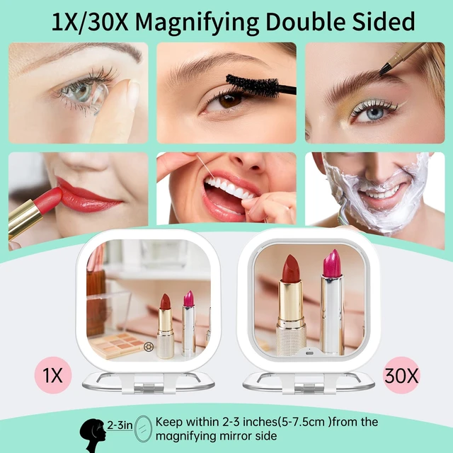 Alt view image 4 of 7 - 7" Rechargeable Travel Makeup Mirror 30X Magnification (Felt) | Lighted Portable Vanity Mirror with 3 Colors Lighting & Stepless Dimming, Double Sided LED Mirror, Gift for Women