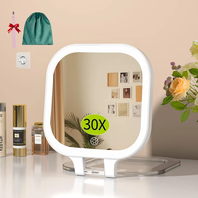Main image of Rechargeable 7" Travel Makeup Mirror 30X Magnification,White | Double Sided Magnifying Mirror with Tweezers/Hook/Bag, 3 Color Lights & Adjustable Brightness, 300°Rotation , Gift for Women