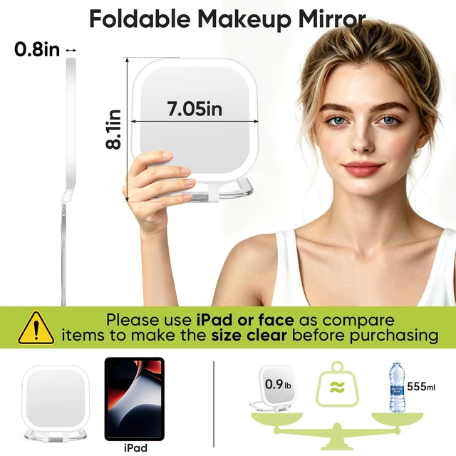 Alt view image 2 of 7 - Rechargeable 7" Travel Makeup Mirror 30X Magnification,White | Double Sided Magnifying Mirror with Tweezers/Hook/Bag, 3 Color Lights & Adjustable Brightness, 300°Rotation , Gift for Women