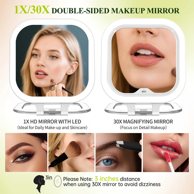 Alt view image 3 of 7 - Rechargeable 7" Travel Makeup Mirror 30X Magnification,White | Double Sided Magnifying Mirror with Tweezers/Hook/Bag, 3 Color Lights & Adjustable Brightness, 300°Rotation , Gift for Women