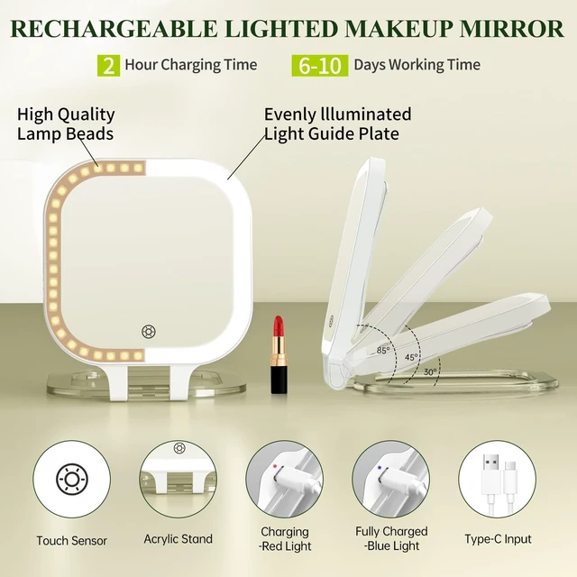 Alt view image 5 of 7 - Rechargeable 7" Travel Makeup Mirror 30X Magnification,White | Double Sided Magnifying Mirror with Tweezers/Hook/Bag, 3 Color Lights & Adjustable Brightness, 300°Rotation , Gift for Women