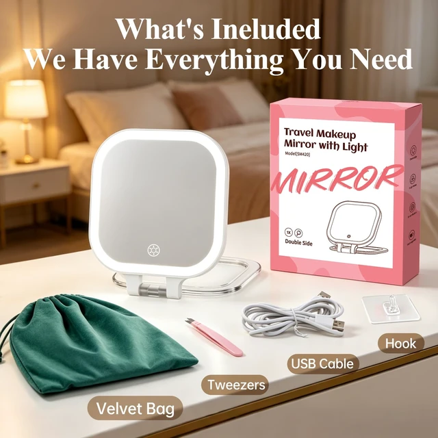 Alt view image 4 of 7 - Rechargeable 7" Travel Makeup Mirror 30X Magnification,White | Double Sided Magnifying Mirror with Tweezers/Hook/Bag, 3 Color Lights & Adjustable Brightness, 300°Rotation , Gift for Women