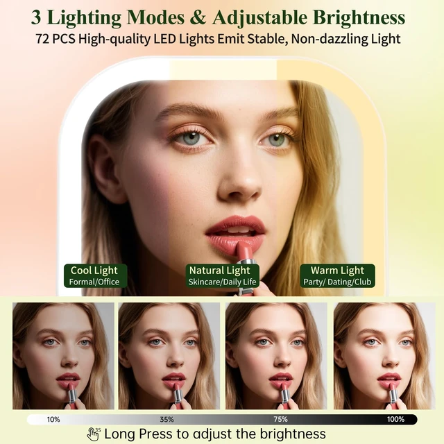 Alt view image 6 of 7 - Rechargeable 7" Travel Makeup Mirror 30X Magnification,White | Double Sided Magnifying Mirror with Tweezers/Hook/Bag, 3 Color Lights & Adjustable Brightness, 300°Rotation , Gift for Women