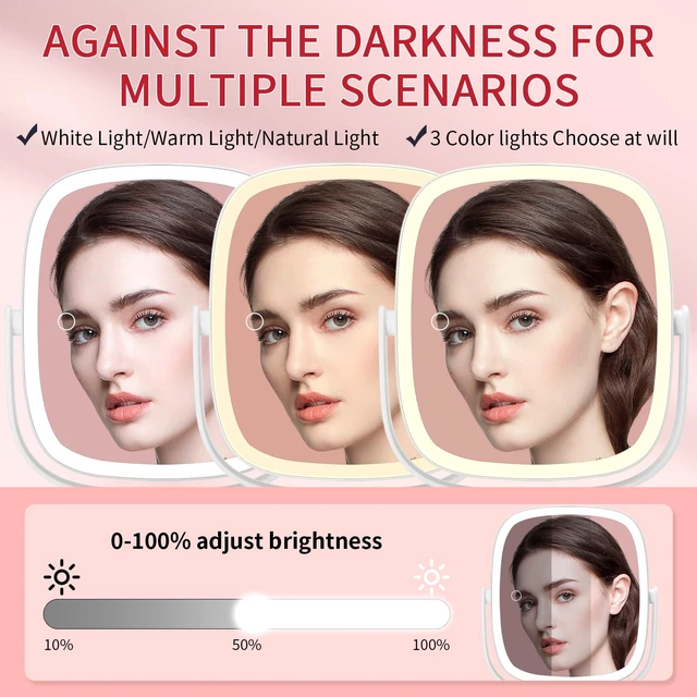 Alt view image 3 of 7 - Lighted Makeup Mirror, Height-Adjustable with Magnification | 1x/10x Magnifying Mirror,Rechargeable Vanity Mirror with 3 Color Lights,Double Sided 360°Rotation,Memory Function