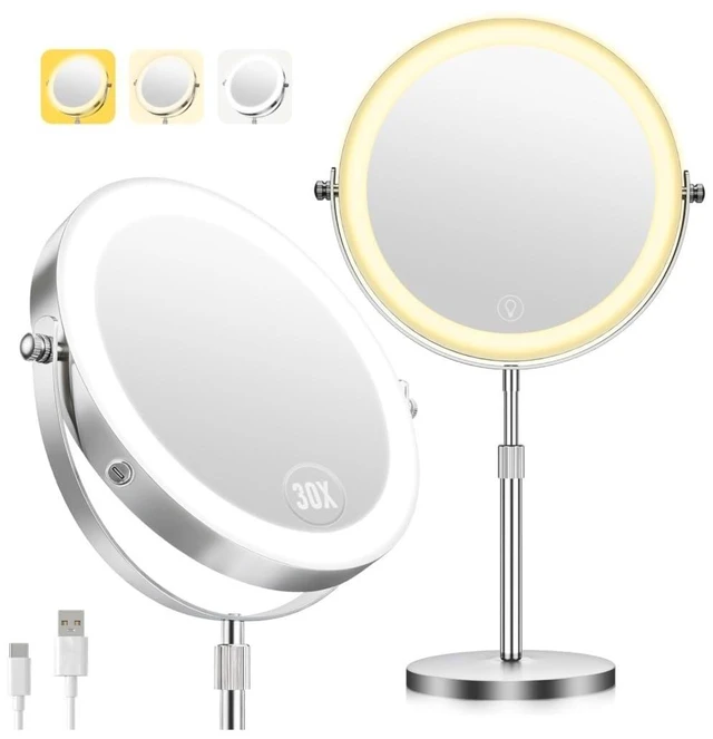 Main image of 1X/30X Makeup Mirror with Lights, 9" Magnifying Mirror Height Adjustable Double Sided Vanity Mirror, 360° Rotation Cosmetic Mirror for Desk Bathroom, Ideal Gift for Women - Nickel