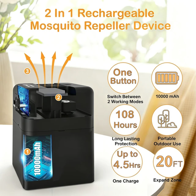 Alt view image 4 of 6 - 2-in-1 Mosquito Repellent Outdoor Patio, Rechargeable Portable Mosquito Repeller Device for Backyard, Poolside, Decks, Porches, Camping