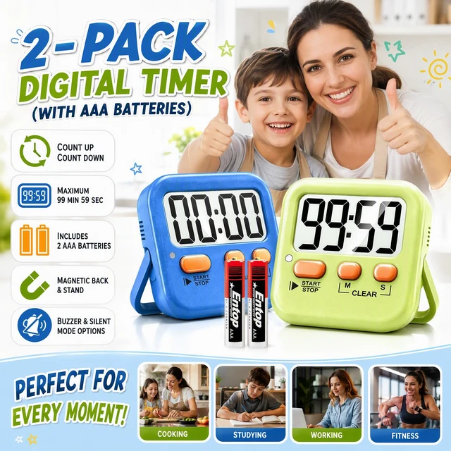 Alt view image 2 of 7 - 2 Pack Digital Timer for Kids Classroom Kitchen Timers for Cooking | With 2*AAA Battery, Count Up / Down, Loud Alarm & Silent FlashLight Mode, Magnetic Back, Kickstand, School Teacher Supplies
