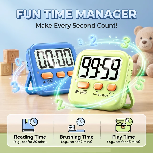Alt view image 3 of 7 - 2 Pack Digital Timer for Kids Classroom Kitchen Timers for Cooking | With 2*AAA Battery, Count Up / Down, Loud Alarm & Silent FlashLight Mode, Magnetic Back, Kickstand, School Teacher Supplies