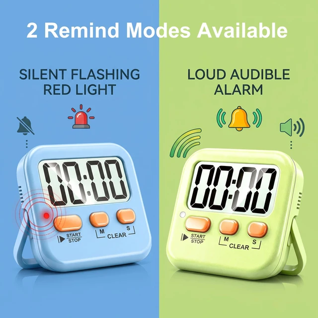 Alt view image 5 of 7 - 2 Pack Digital Timer for Kids Classroom Kitchen Timers for Cooking | With 2*AAA Battery, Count Up / Down, Loud Alarm & Silent FlashLight Mode, Magnetic Back, Kickstand, School Teacher Supplies