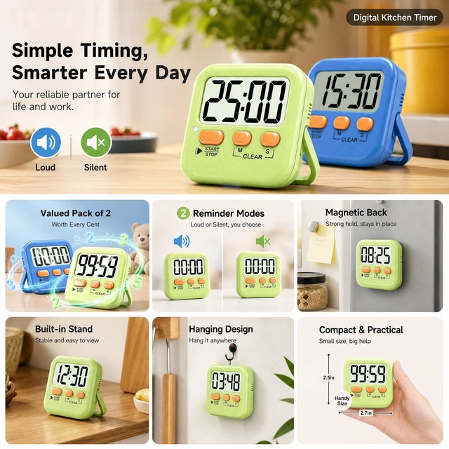 Alt view image 4 of 7 - 2 Pack Digital Timer for Kids Classroom Kitchen Timers for Cooking | With 2*AAA Battery, Count Up / Down, Loud Alarm & Silent FlashLight Mode, Magnetic Back, Kickstand, School Teacher Supplies