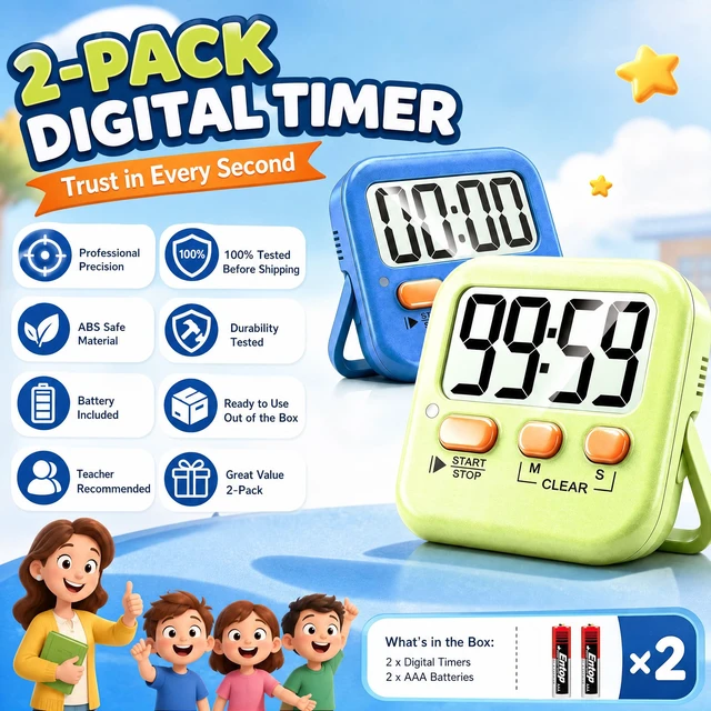 Alt view image 7 of 7 - 2 Pack Digital Timer for Kids Classroom Kitchen Timers for Cooking | With 2*AAA Battery, Count Up / Down, Loud Alarm & Silent FlashLight Mode, Magnetic Back, Kickstand, School Teacher Supplies