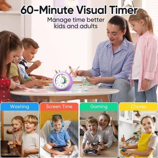 Alt view image 3 of 7 - 60 Minute Visual Timer for Kids, Rainbow Silent Countdown Clock | Time Management Tool for Homeschool Study Supplies, Classroom, Home, Kitchen, Desk (Purple Pink)