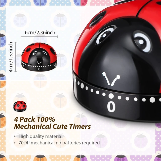Alt view image 2 of 7 - 4 Pcs Ladybug Kitchen Timer for Kid Mechanical Egg Timer for Cooking | Cute Fun Gadget for Home Kitchen, 60 Minute Manual Countdown Timers, No Battery Wind up Timer, Baking Reading Sport Classroom