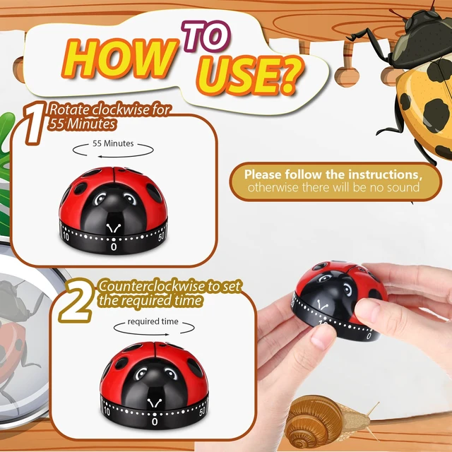Alt view image 3 of 7 - 4 Pcs Ladybug Kitchen Timer for Kid Mechanical Egg Timer for Cooking | Cute Fun Gadget for Home Kitchen, 60 Minute Manual Countdown Timers, No Battery Wind up Timer, Baking Reading Sport Classroom