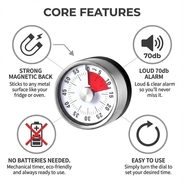 Alt view image 2 of 6 - Magnetic Kitchen Timer, 60-Minute Mechanical Visual Countdown Timer, Loud Alarm & No Batteries Needed, Stainless Steel Timer for Cooking, Kids, Classroom, and Study