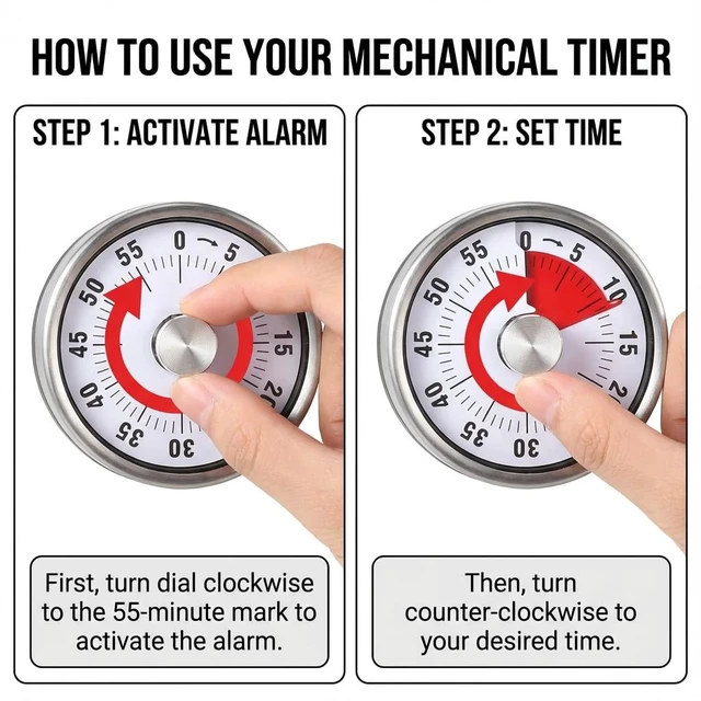 Alt view image 4 of 6 - Magnetic Kitchen Timer, 60-Minute Mechanical Visual Countdown Timer, Loud Alarm & No Batteries Needed, Stainless Steel Timer for Cooking, Kids, Classroom, and Study