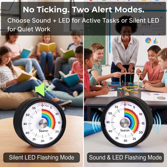 Alt view image 5 of 7 - Magnetic Visual Classroom Timer, 60-Min Countdown Timer for Kids, Black | 3.15" compact quiet countdown timer with sound or silent LED alert, magnet, stand or hang for teachers, kids and classrooms