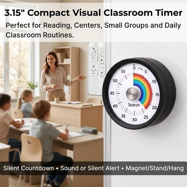 Alt view image 2 of 7 - Magnetic Visual Classroom Timer, 60-Min Countdown Timer for Kids, Black | 3.15" compact quiet countdown timer with sound or silent LED alert, magnet, stand or hang for teachers, kids and classrooms
