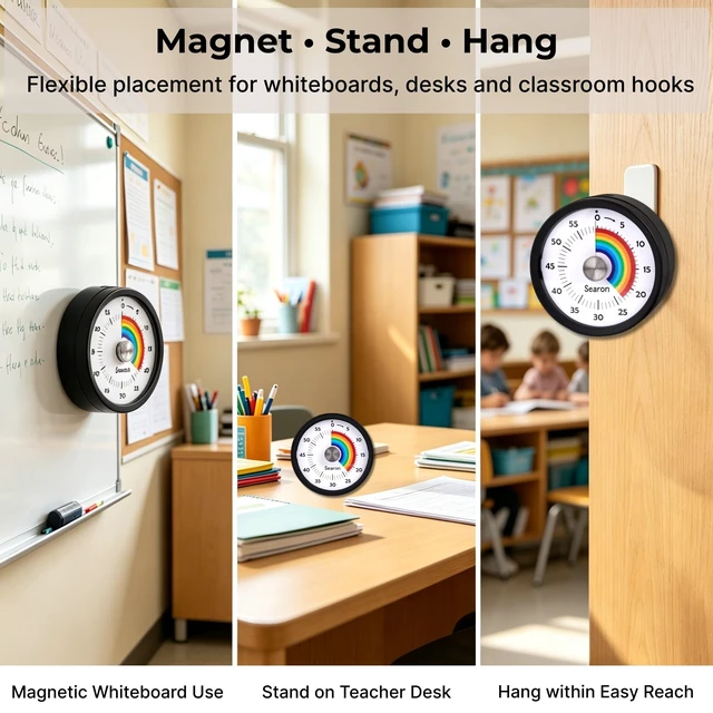 Alt view image 6 of 7 - Magnetic Visual Classroom Timer, 60-Min Countdown Timer for Kids, Black | 3.15" compact quiet countdown timer with sound or silent LED alert, magnet, stand or hang for teachers, kids and classrooms