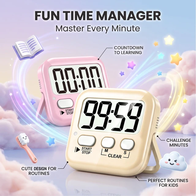 Alt view image 3 of 7 - 2 Pack Digital Timer for Kids Classroom Kitchen Timers for Cooking | With 2*AAA Battery, Count Up / Down, Loud Alarm & Silent FlashLight Mode, Magnetic Back, Kickstand, School Teacher Supplies