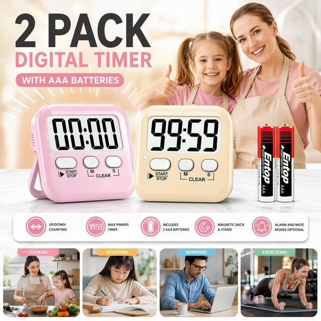 Alt view image 2 of 7 - 2 Pack Digital Timer for Kids Classroom Kitchen Timers for Cooking | With 2*AAA Battery, Count Up / Down, Loud Alarm & Silent FlashLight Mode, Magnetic Back, Kickstand, School Teacher Supplies