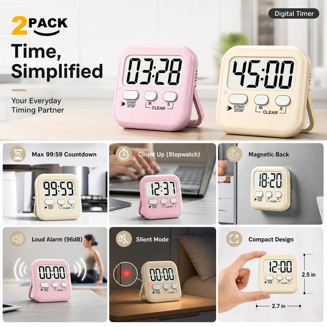 Alt view image 4 of 7 - 2 Pack Digital Timer for Kids Classroom Kitchen Timers for Cooking | With 2*AAA Battery, Count Up / Down, Loud Alarm & Silent FlashLight Mode, Magnetic Back, Kickstand, School Teacher Supplies