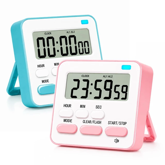 Main image of Digital Kitchen Timers for Cooking Kids with Clock 2Pcs Blue Pink | Volume Adjustment, Strong Magnetic, Large Screen, Big Button, Clock Alarm Countdown/up 4-in-1 Magnetic Classroom Timer