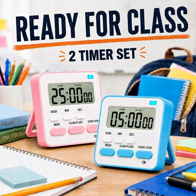 Alt view image 2 of 7 - Digital Kitchen Timers for Cooking Kids with Clock 2Pcs Blue Pink | Volume Adjustment, Strong Magnetic, Large Screen, Big Button, Clock Alarm Countdown/up 4-in-1 Magnetic Classroom Timer