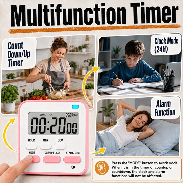 Alt view image 3 of 7 - Digital Kitchen Timers for Cooking Kids with Clock 2Pcs Blue Pink | Volume Adjustment, Strong Magnetic, Large Screen, Big Button, Clock Alarm Countdown/up 4-in-1 Magnetic Classroom Timer