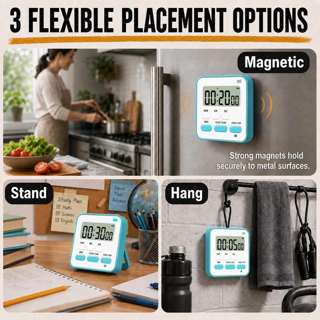 Alt view image 6 of 7 - Digital Kitchen Timers for Cooking Kids with Clock 2Pcs Blue Pink | Volume Adjustment, Strong Magnetic, Large Screen, Big Button, Clock Alarm Countdown/up 4-in-1 Magnetic Classroom Timer