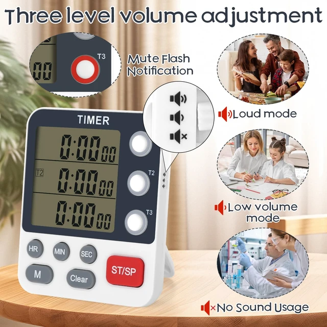 Alt view image 4 of 7 - 2Pcs Digital Dual Kitchen Timer,3-Channel Magnetic Countdown Stopwatch Timer for Cooking Suitable for Old People,Classrooms,Kitchens, Etc. (Excluding Batteries)