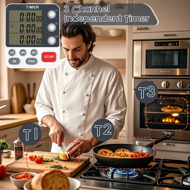 Alt view image 6 of 7 - 2Pcs Digital Dual Kitchen Timer,3-Channel Magnetic Countdown Stopwatch Timer for Cooking Suitable for Old People,Classrooms,Kitchens, Etc. (Excluding Batteries)